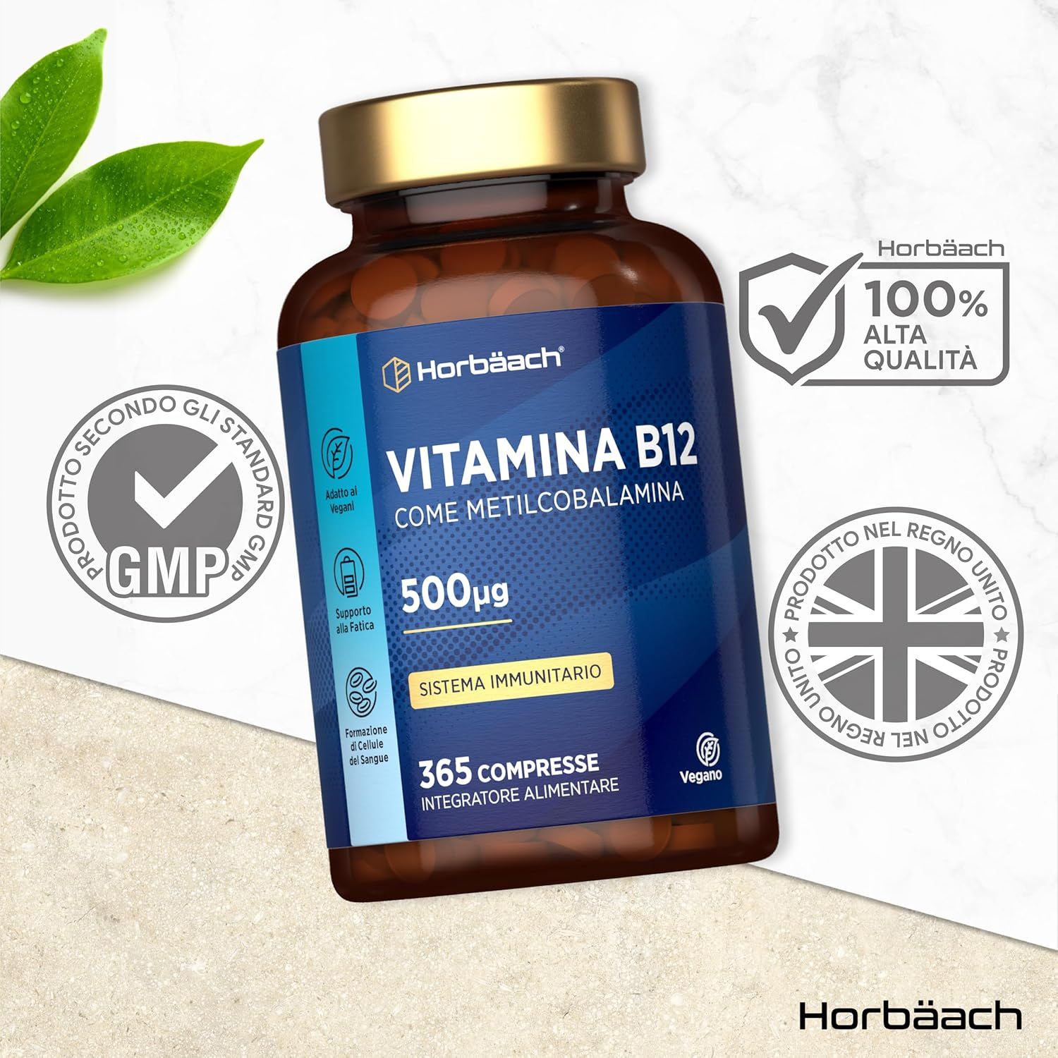 Flacone marrone di compresse B12. Etichetta turchese e bianca. 500µg. Vegano. 365 compresse. Certificazione GMP. Alta qualità.