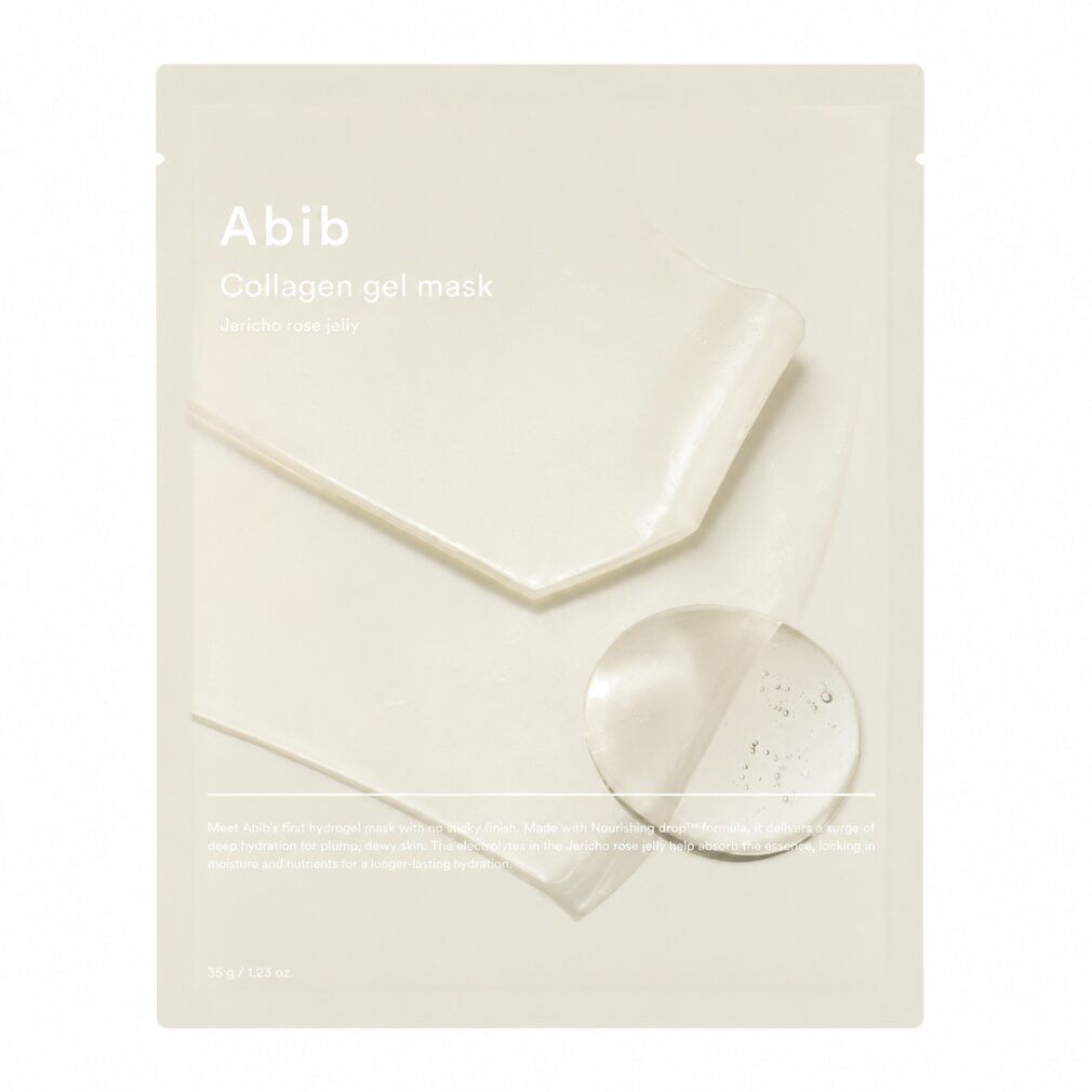 Confezione Abib Collagen Gel Mask con goccia di gel e strati.