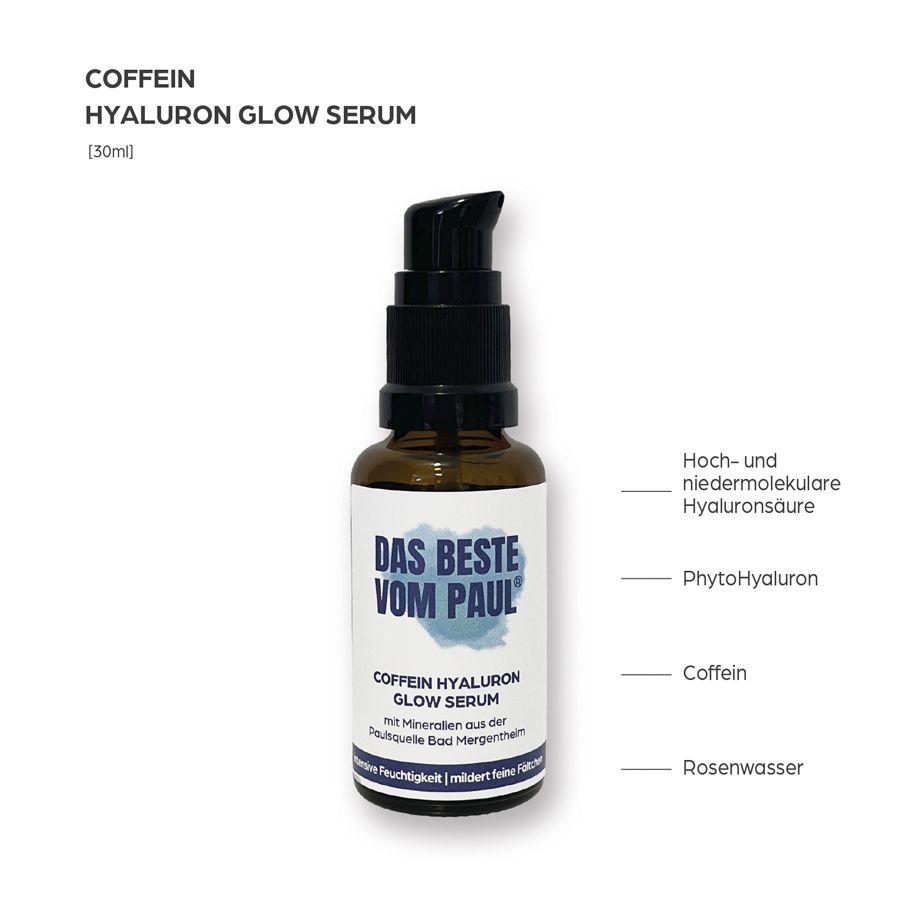 Flacone marrone con siero. Scritta: Das Beste vom Paul. Testo: Siero Glow alla caffeina e ialurone. Ingredienti.