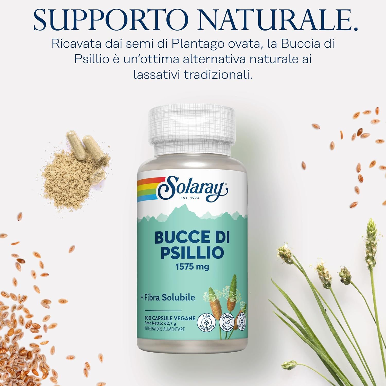 Bottiglia di capsule di bucce di psillio Solaray, 100 capsule vegetali. Contiene fibre solubili. Certificazioni visibili.