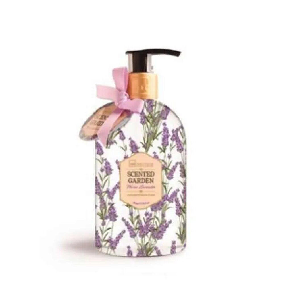 Lozione per il corpo con motivo lavanda. Flacone con dosatore e etichetta. Fiocco rosa. Scritta: Scented Garden.