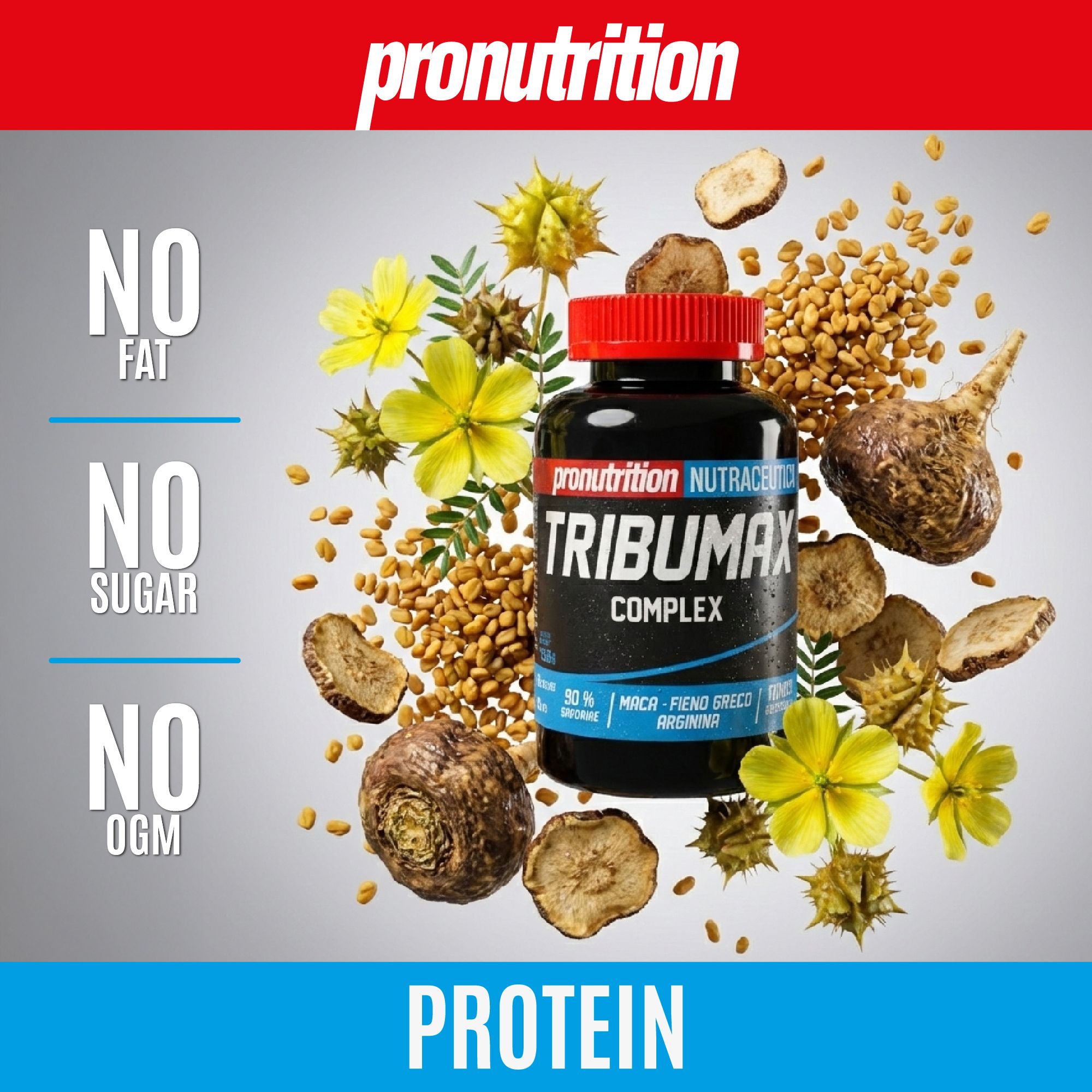 Flacone nero, tappo rosso, TRIBUMAX COMPLEX. Erbe e piante circondano il flacone.