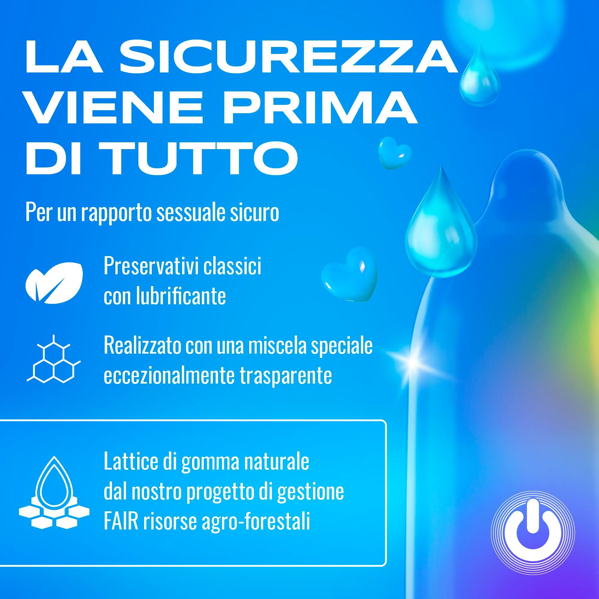 Preservativi classici con lubrificante, trasparenti, in lattice di gomma naturale.