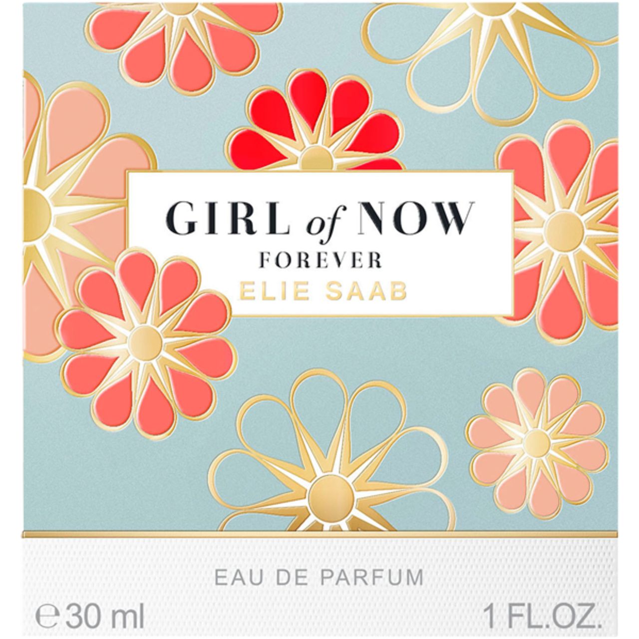 Scatola azzurra con motivi floreali e scritta: GIRL of NOW FOREVER ELIE SAAB. EAU DE PARFUM. 30 ml.