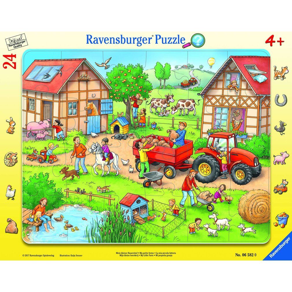 Puzzle Mein kleiner Bauernhof, 24 pezzi. Scena della fattoria con case, animali e persone. Logo Ravensburger Puzzle.