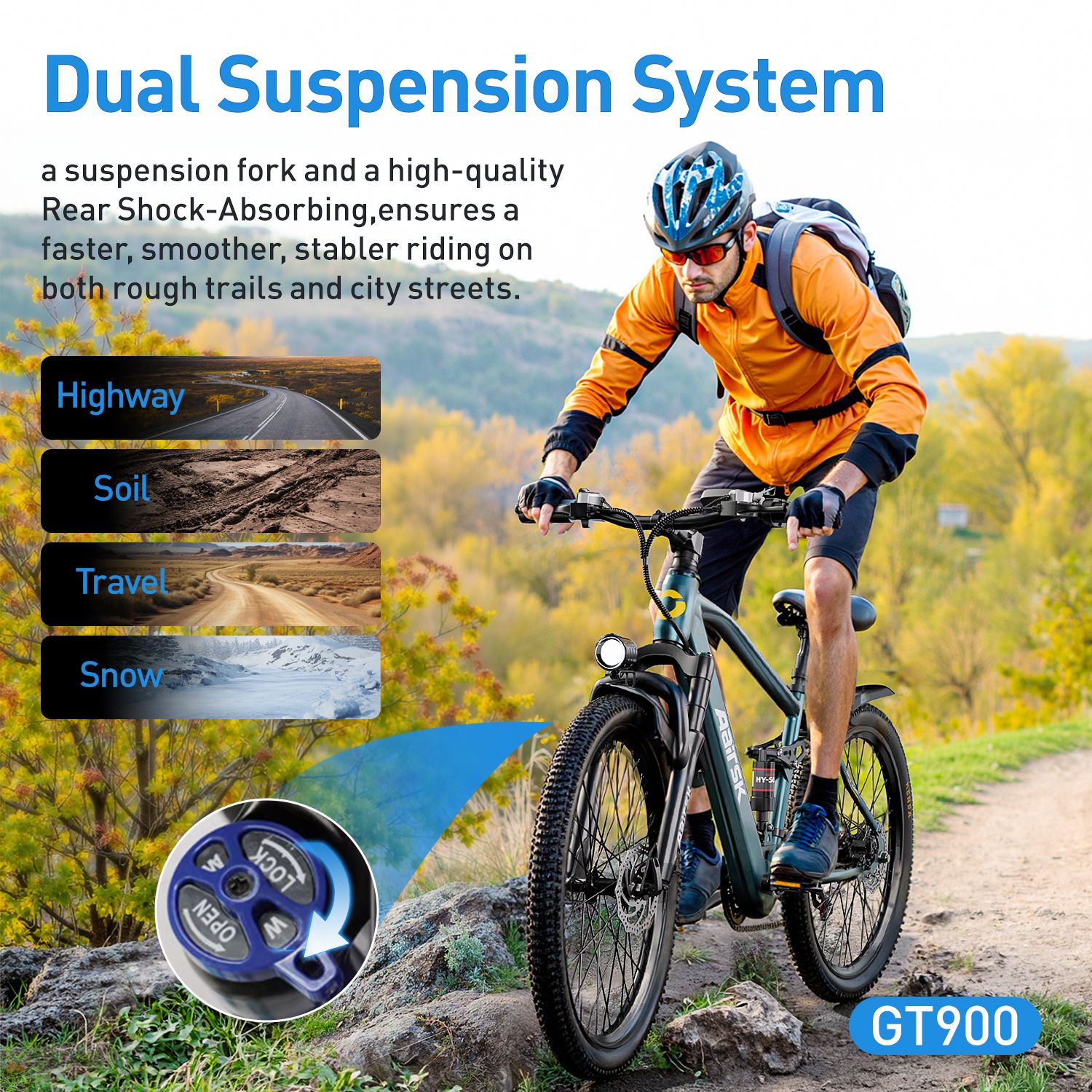 Persona in bicicletta elettrica su un sentiero. Etichette: Dual Suspension System, Highway, Soil, Travel, Snow. Nome del prodotto: GT900.