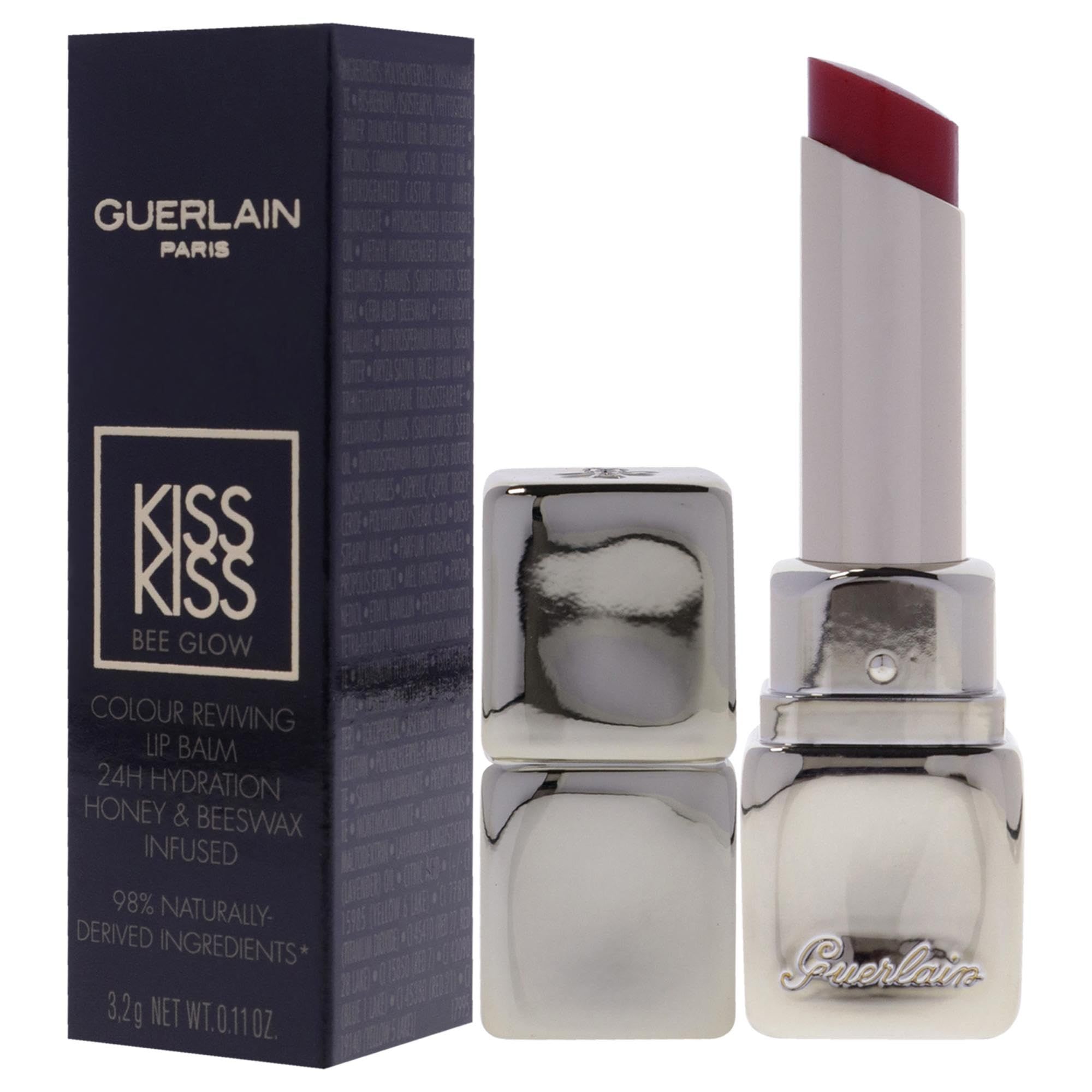 Balsamo labbra con astuccio argentato e mina rossa. Confezione con nome prodotto e marchio. Tappo accanto.