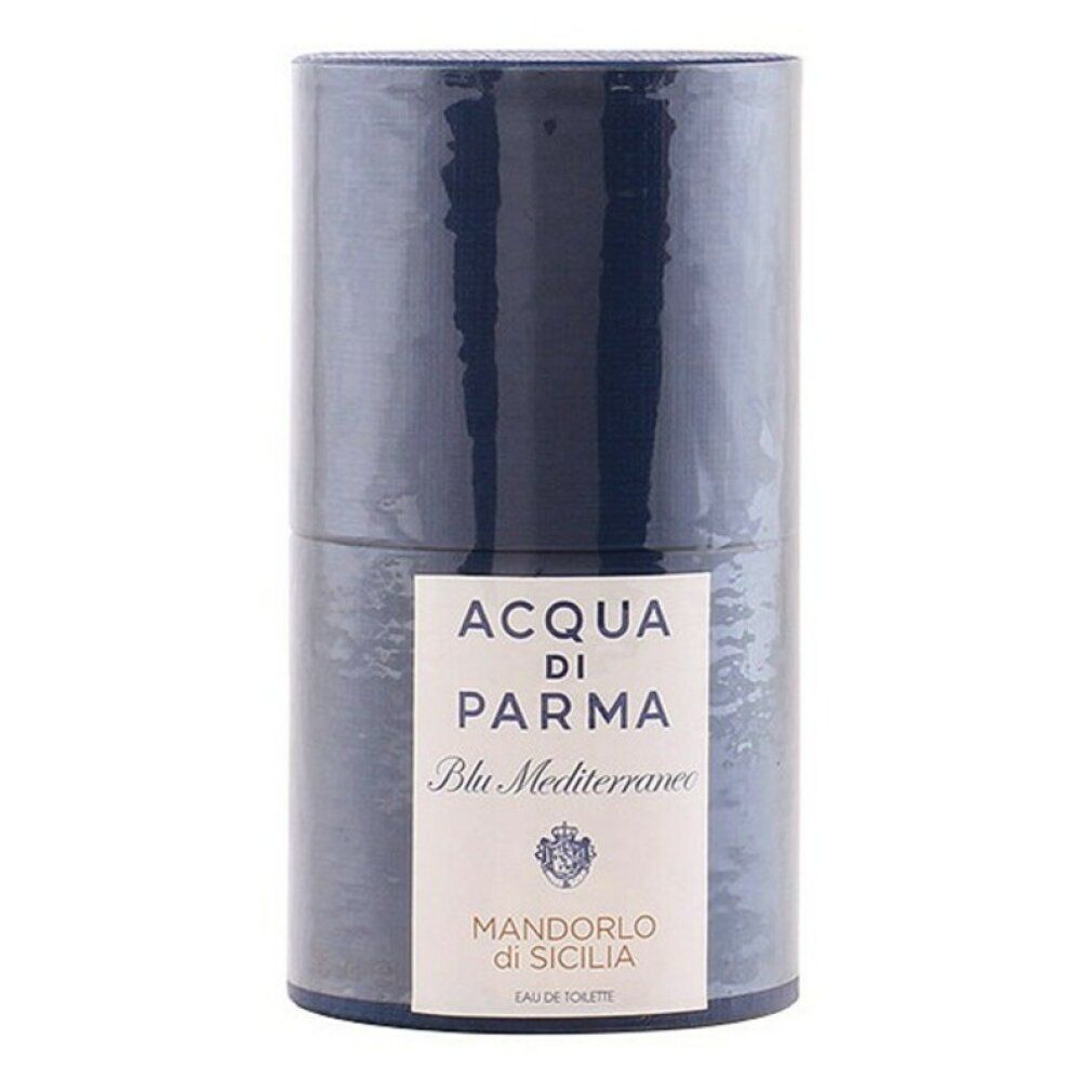 Confezione cilindrica. Scritta: Acqua di Parma Blu Mediterraneo Mandorlo di Sicilia.