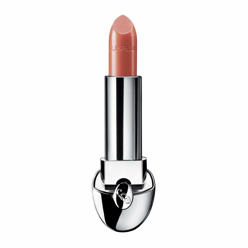 Rossetto in astuccio argentato. Rossetto color beige. Parte superiore del rossetto con scritta "GUERLAIN".