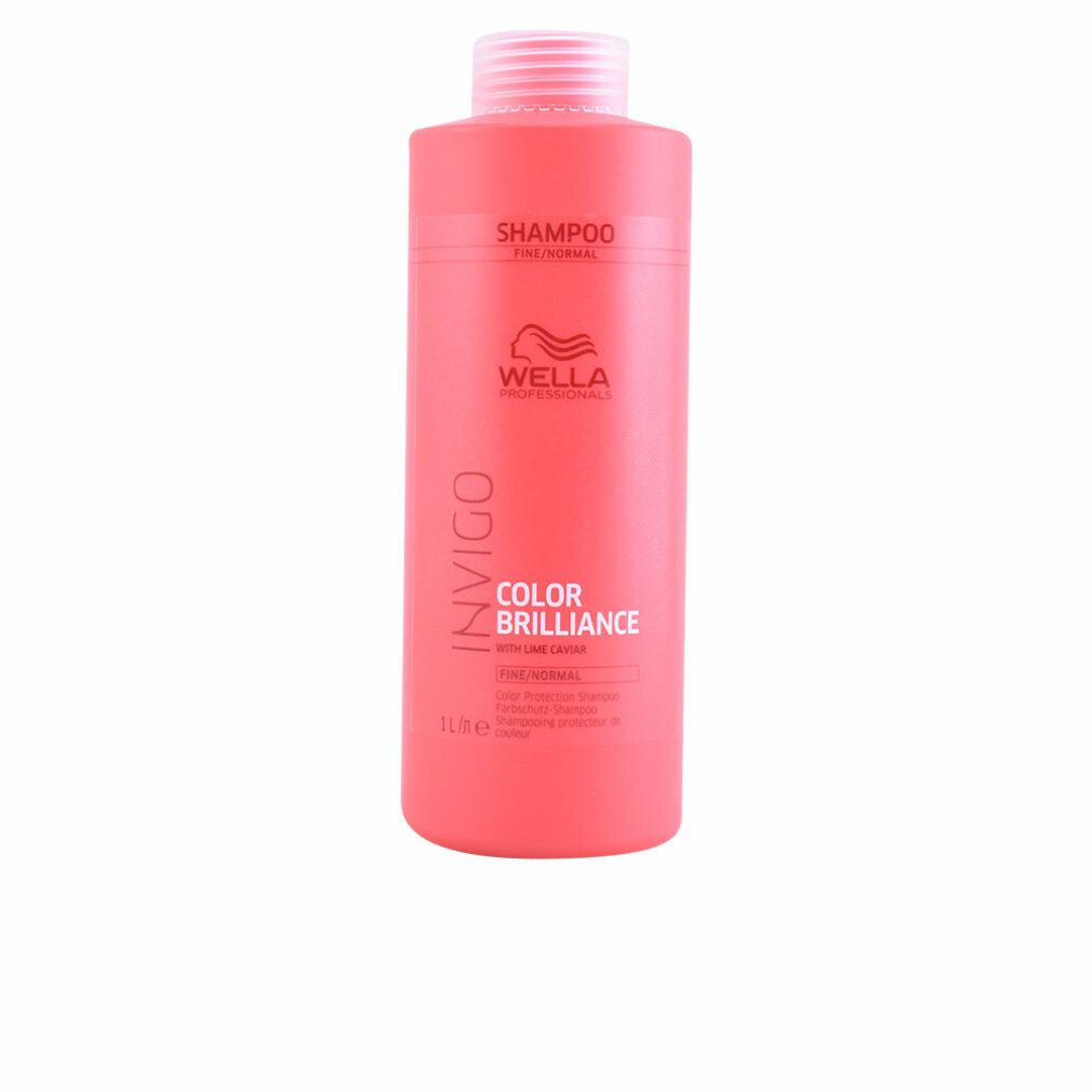 Flacone di shampoo rosso con tappo bianco. Scritta: Invigo Color Brilliance, Wella Professionals. 1 litro.