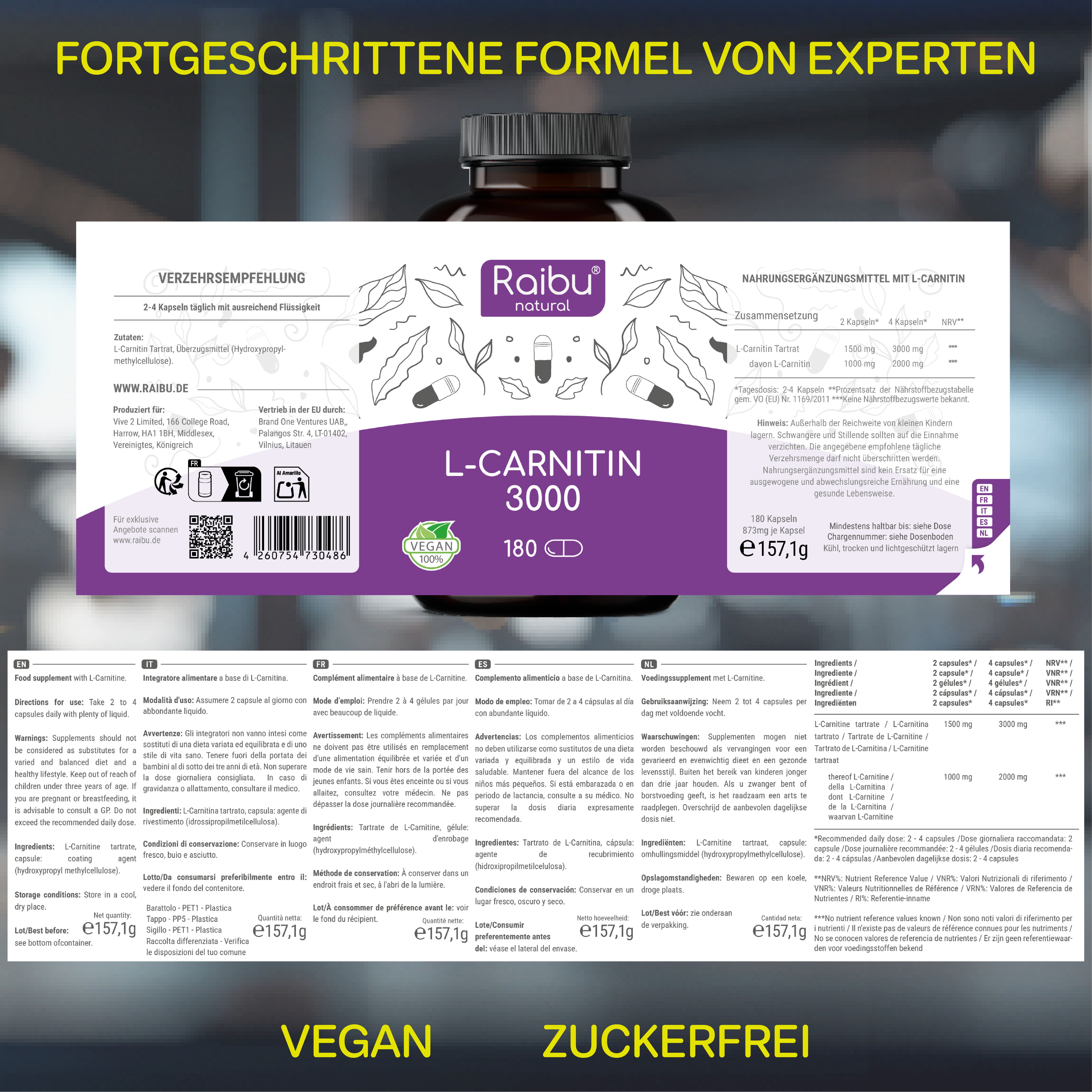 Etichetta con informazioni prodotto. Raibu natural L-Carnitina 3000, 180 capsule. Sigillo vegano. Testo in tedesco, inglese, francese, italiano.