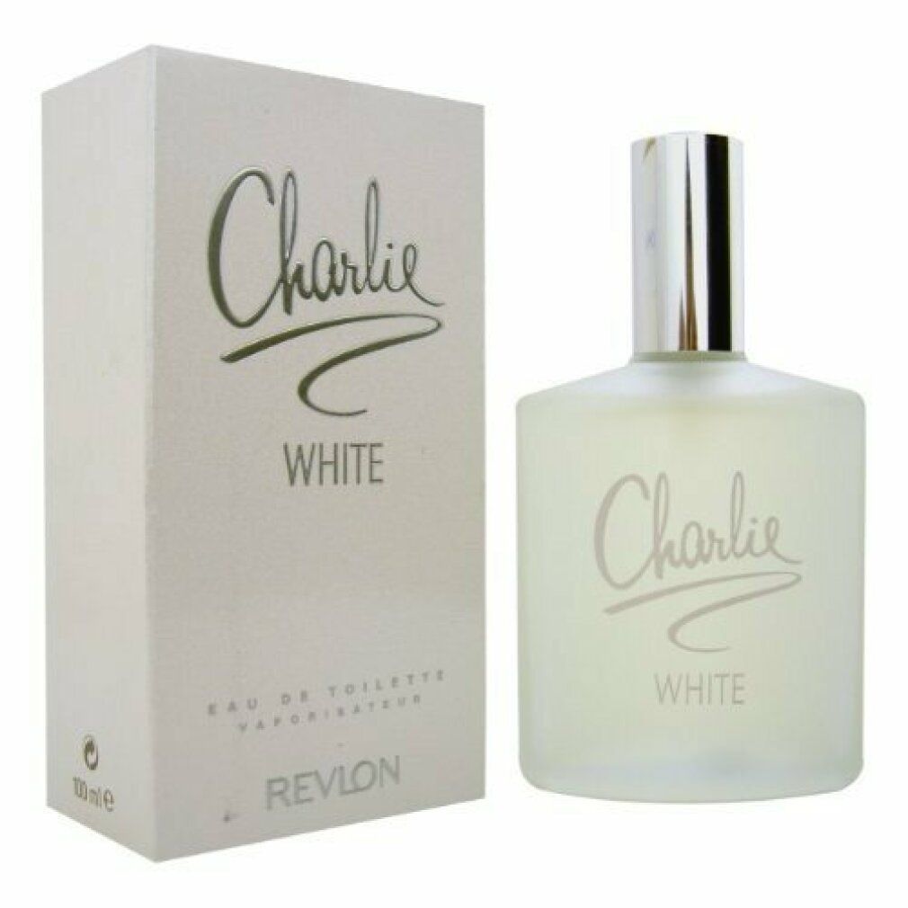 Flacone di profumo Charlie White e confezione. Sulla confezione sono visibili le scritte "Charlie White" e "Revlon".