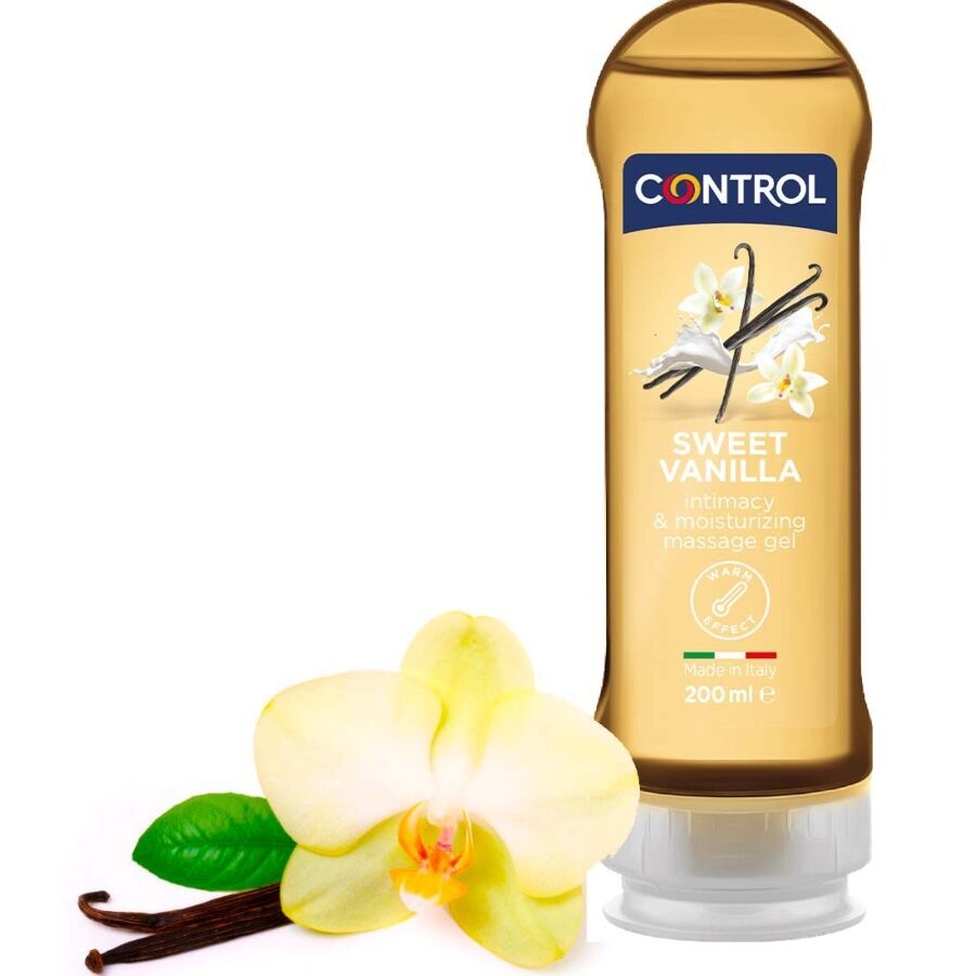 Gel intimo e idratante Control 2-in-1 Sweet Vanilla in flacone trasparente con tappo bianco, accanto a un fiore e bacche di vaniglia.