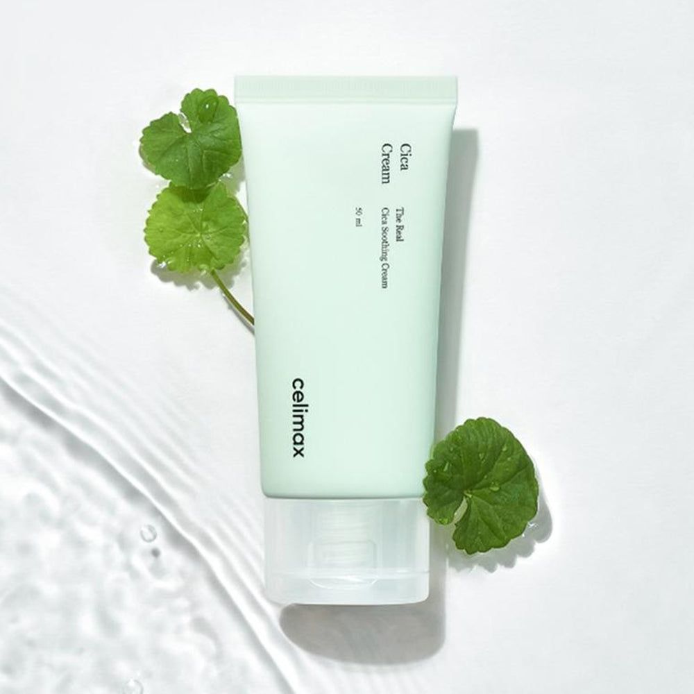 Tubo di Celimax Cica Creme con foglie e acqua.