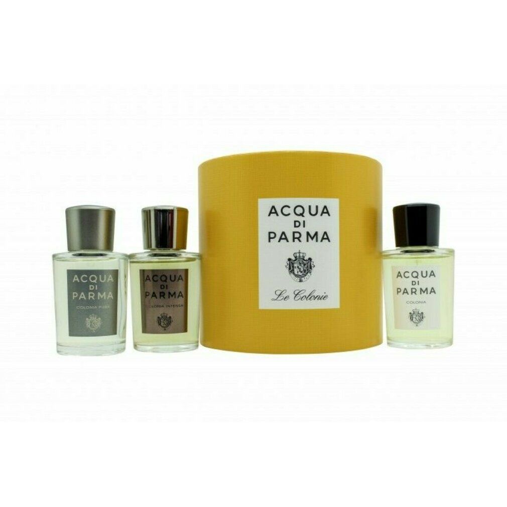 Scatola cilindrica gialla con tre flaconi. Scritta: Acqua di Parma Le Colonie.
