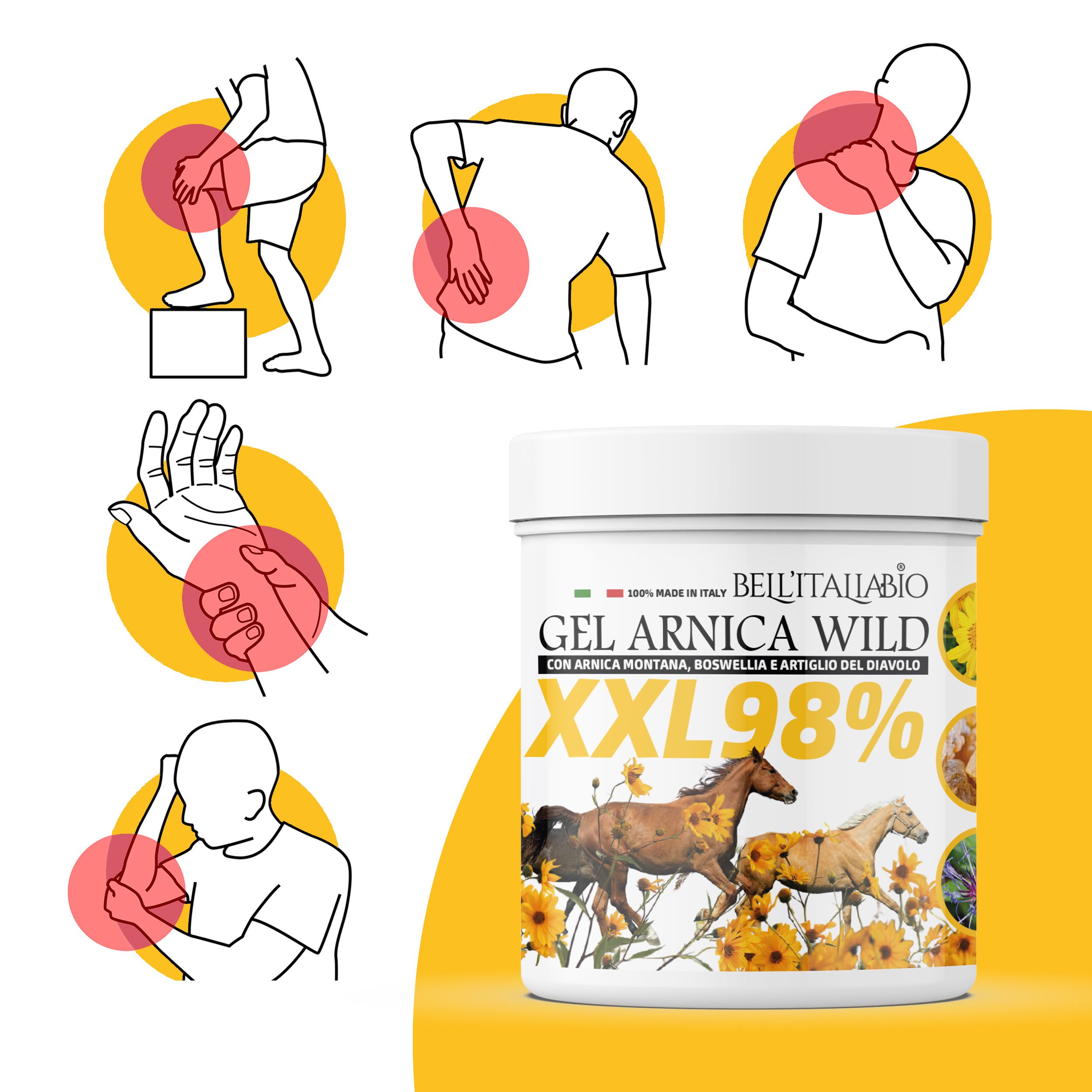 Barattolo bianco con GEL ARNICA WILD XXL 98%. Illustrazioni di dolore al ginocchio, schiena, collo, mano e braccio.