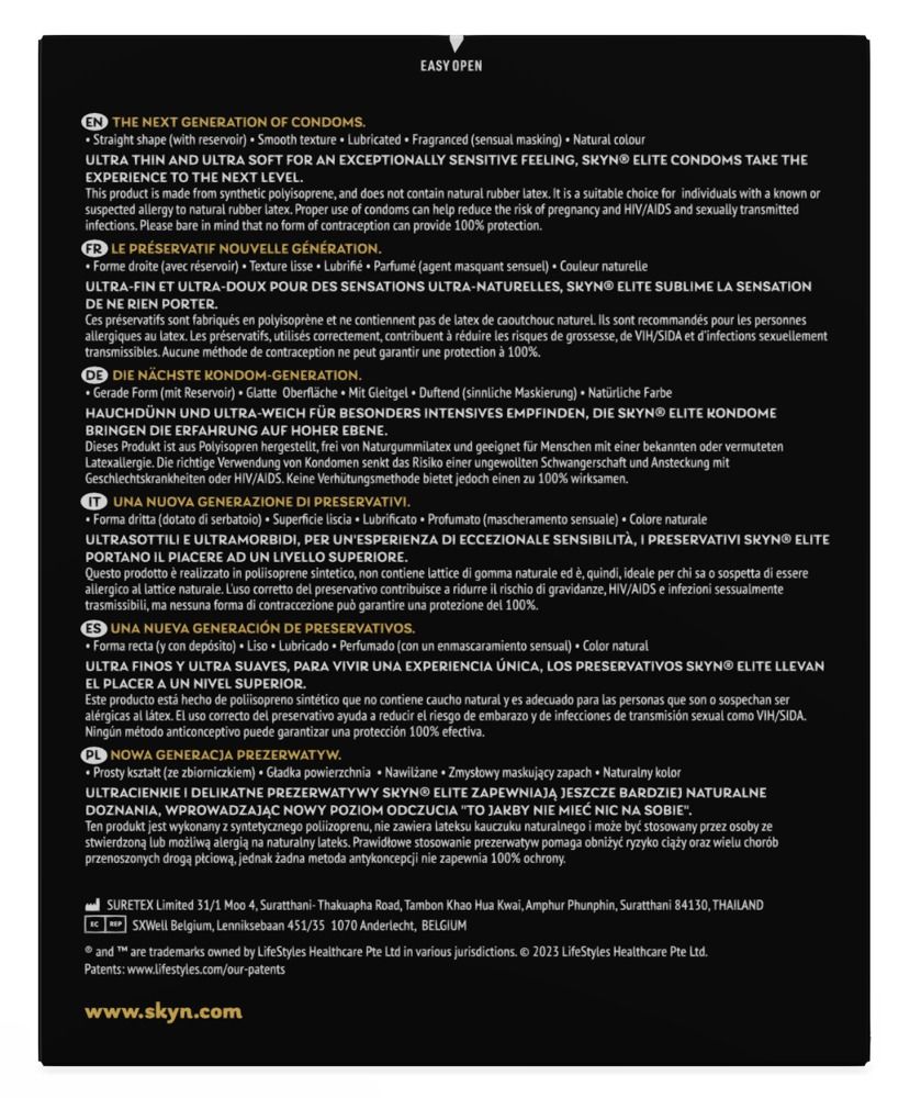 Testo su sfondo nero. Descrive la prossima generazione di preservativi. Informazioni su materiale e caratteristiche.