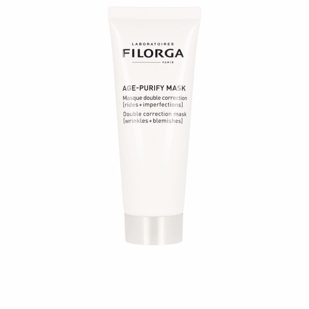 Tubo bianco con base argentata. Scritta: FILORGA, AGE-PURIFY MASK. Maschera doppia correzione per rughe e imperfezioni.