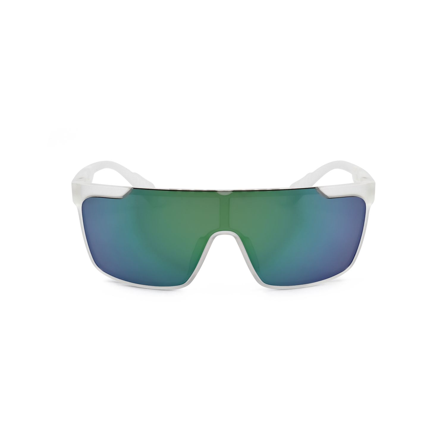Occhiali da sole sportivi bianchi con lenti a specchio blu-verdi.