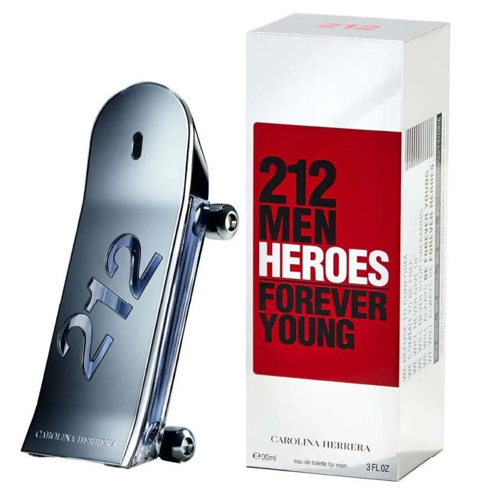 Flacone a forma di skateboard e confezione. Scritta: 212 Men Heroes Forever Young. Marchio: Carolina Herrera.