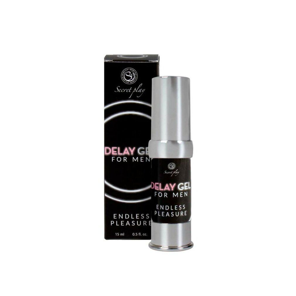 Flacone e scatola neri. Scritta: DELAY GEL FOR MEN, ENDLESS PLEASURE. Logo: clessidra.