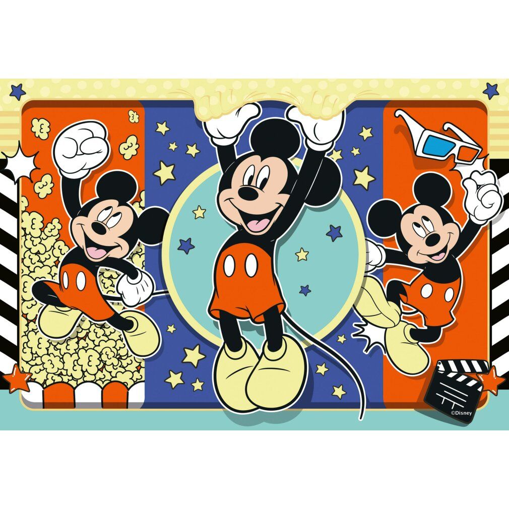Puzzle con motivo di Mickey Mouse. Mickey in varie pose, circondato da stelle e popcorn. Design colorato.