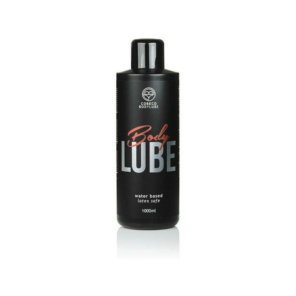 Flacone nero con tappo nero. Scritta: Body Lube, a base d'acqua, senza lattice, 1000 ml. Logo: Cobeco Bodylube.