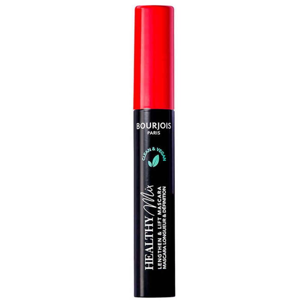 Tubo di mascara nero con tappo rosso. Scritta: Bourjois Paris, Healthy Mix, Clean & Vegan.