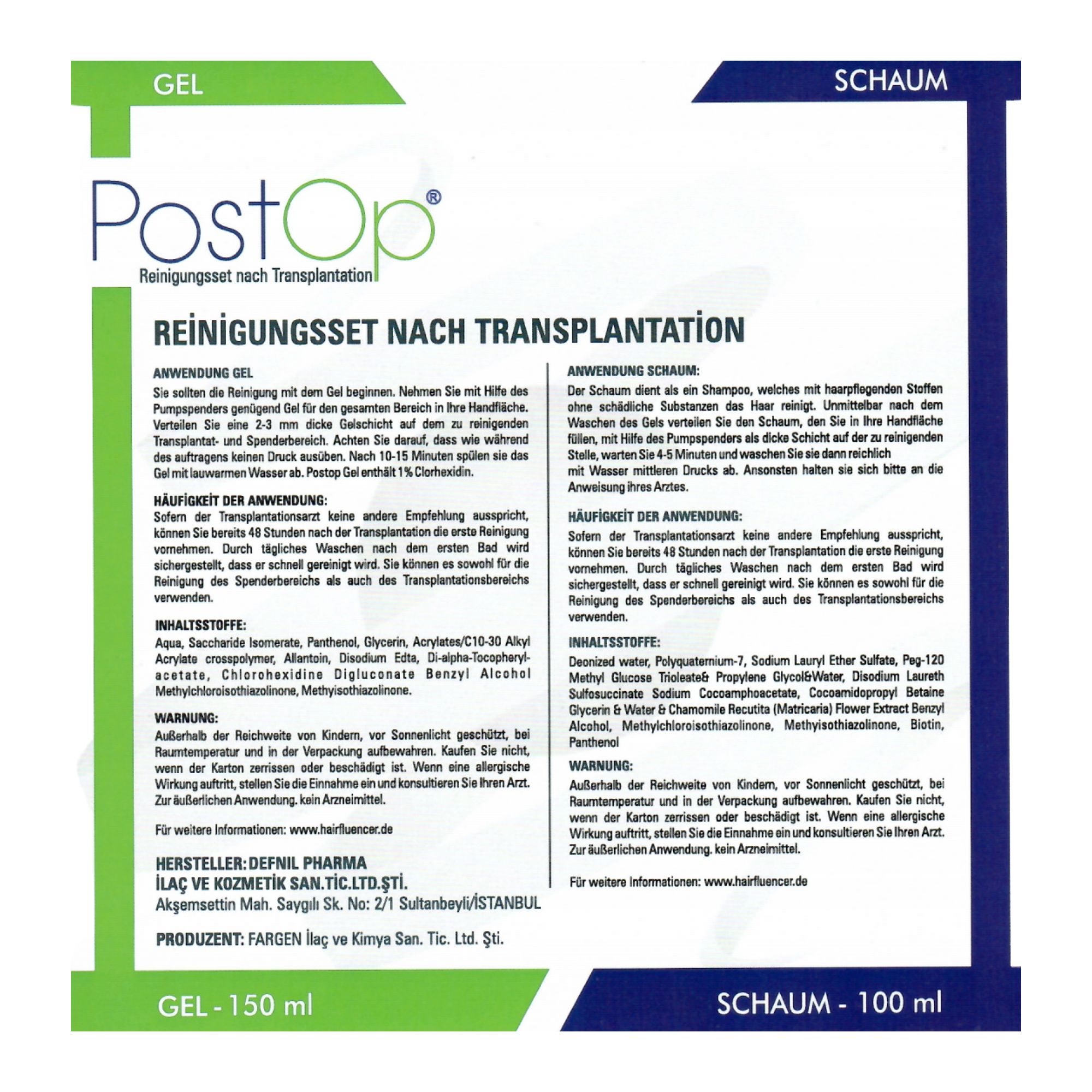 Kit di pulizia PostOp. Testo: Kit di pulizia dopo il trapianto. Ingredienti e istruzioni per gel e schiuma.