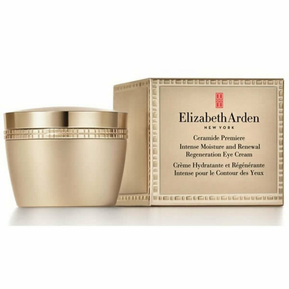 Vasetto dorato e confezione rettangolare. Elizabeth Arden e le informazioni sul prodotto sono sulla confezione.