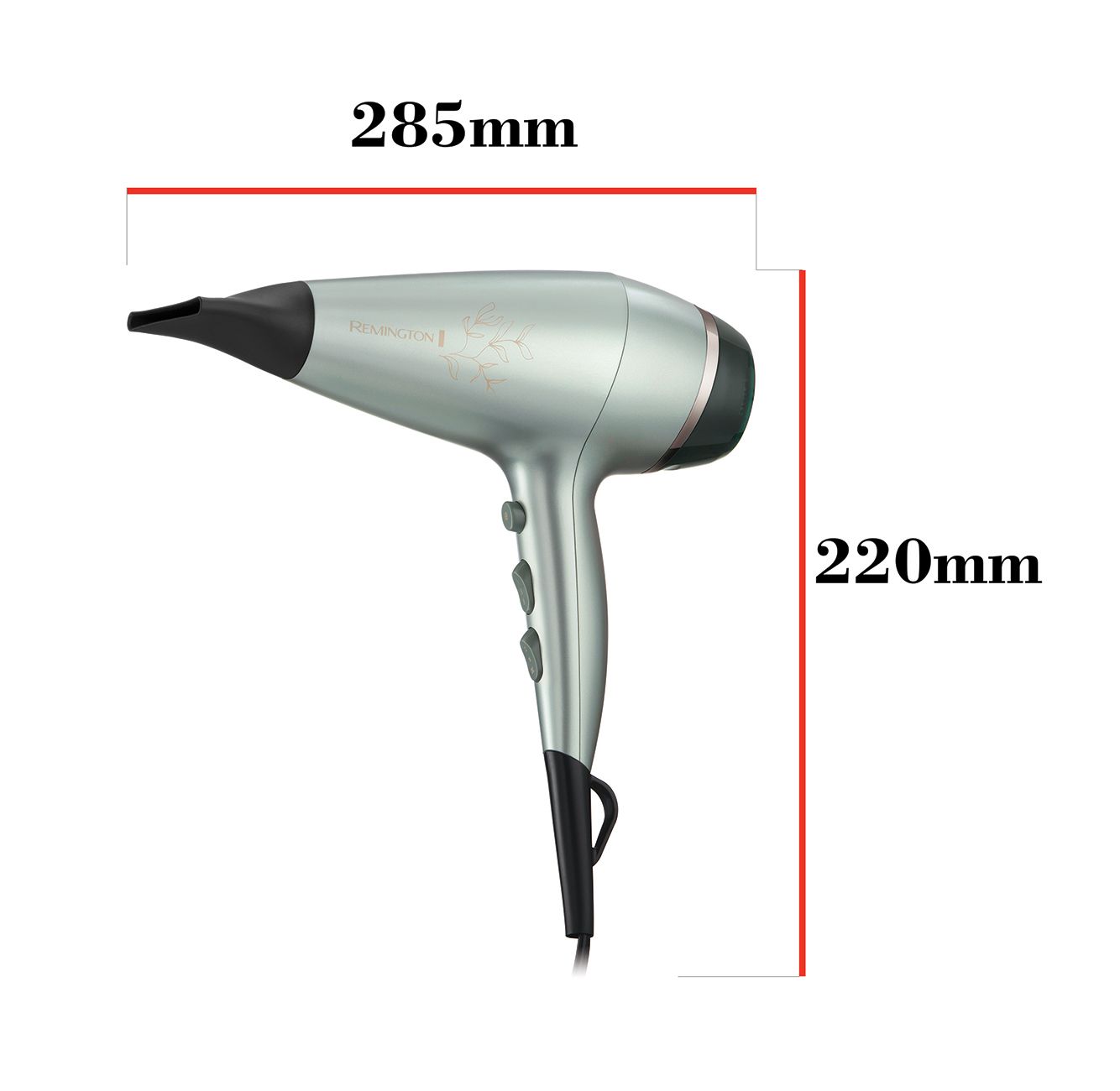 Asciugacapelli Remington argentato, lungo 285mm, alto 220mm, con motivo floreale.