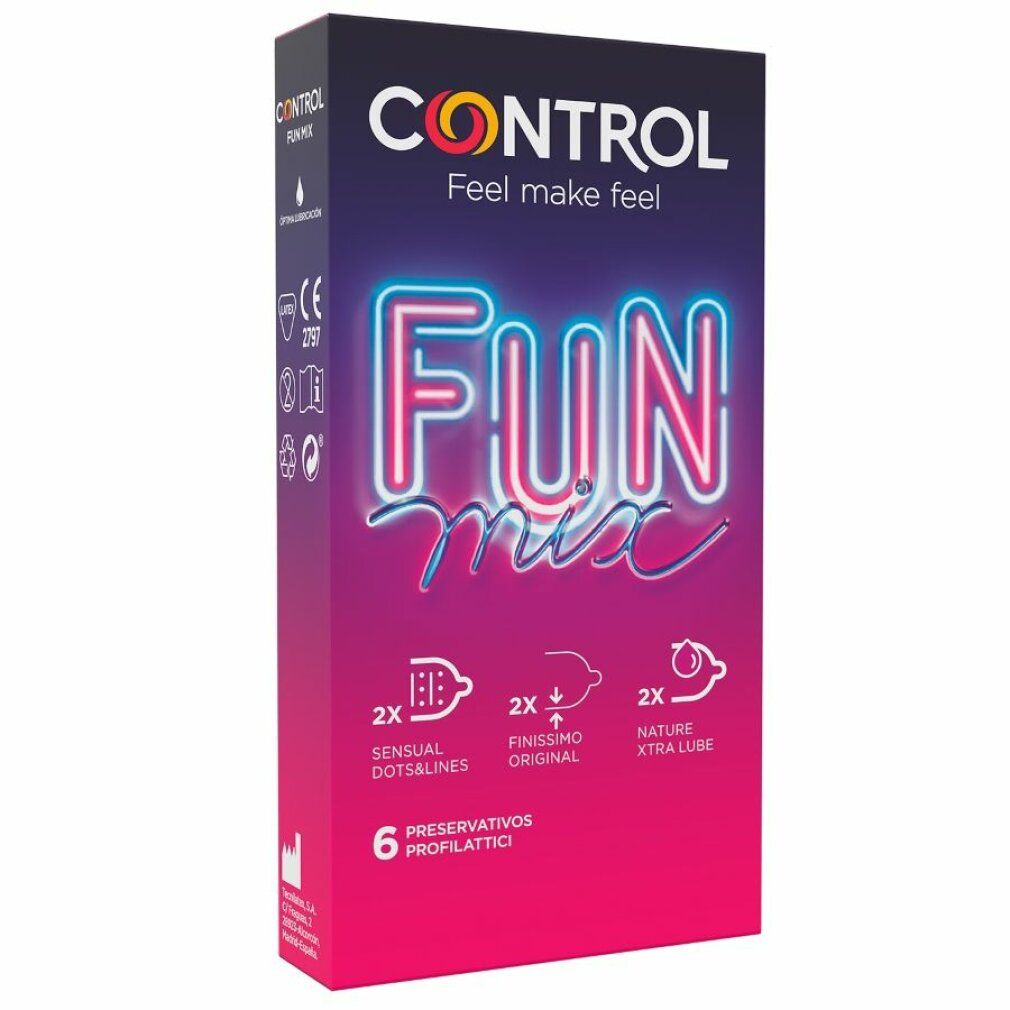 Confezione di preservativi Control Fun Mix. Contiene 6 preservativi con diverse caratteristiche. Design neon con il nome del prodotto.