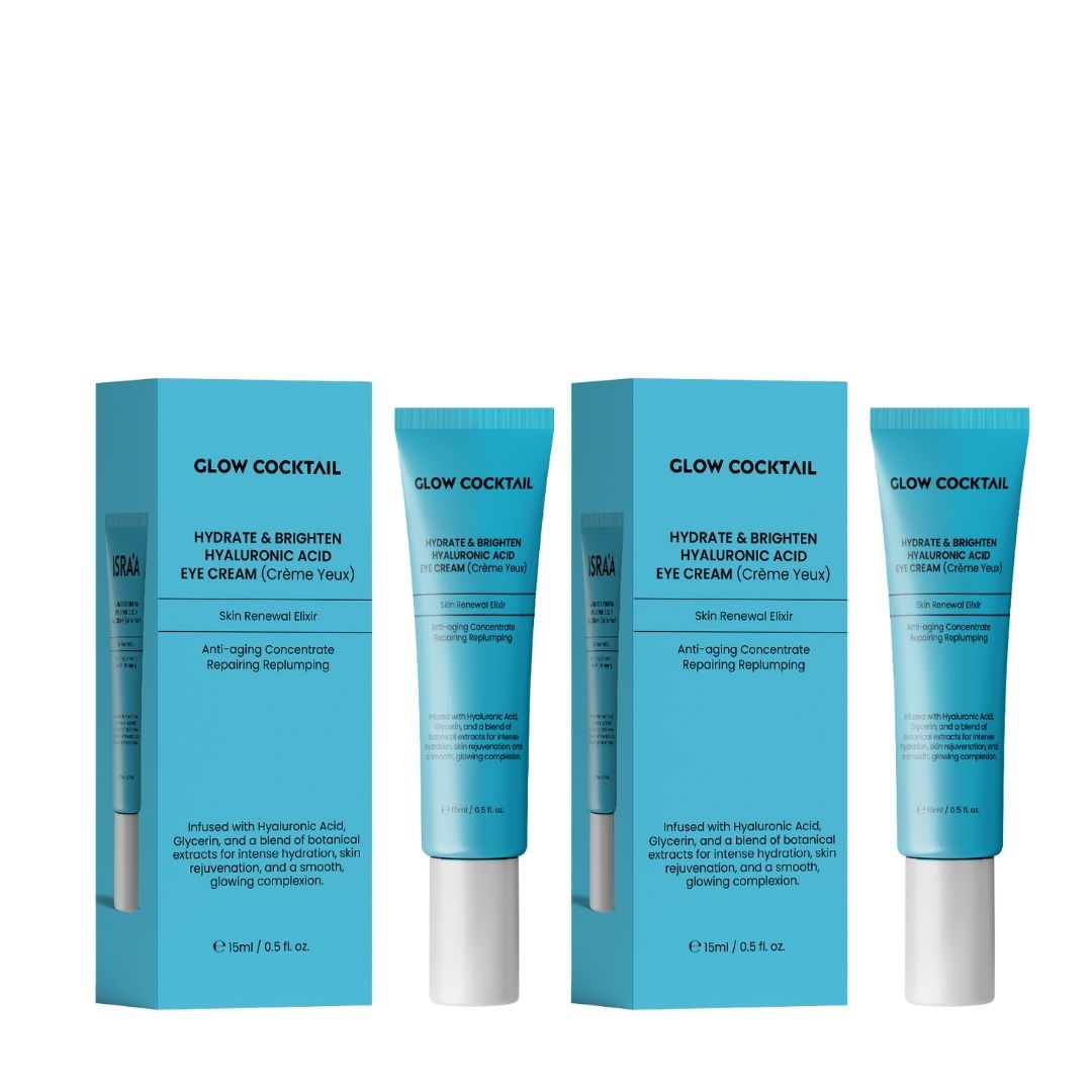 Due tubetti e due confezioni. Scritto: Glow Cocktail, Hydrate & Brighten Hyaluronic Acid Eye Cream. Confezione blu.