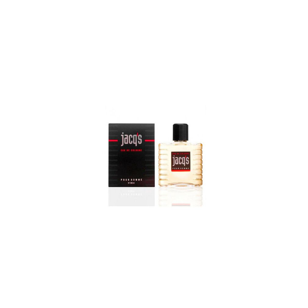 Flacone e scatola di Eau de Cologne. Scatola nera con testo rosso. Flacone con tappo grigio.