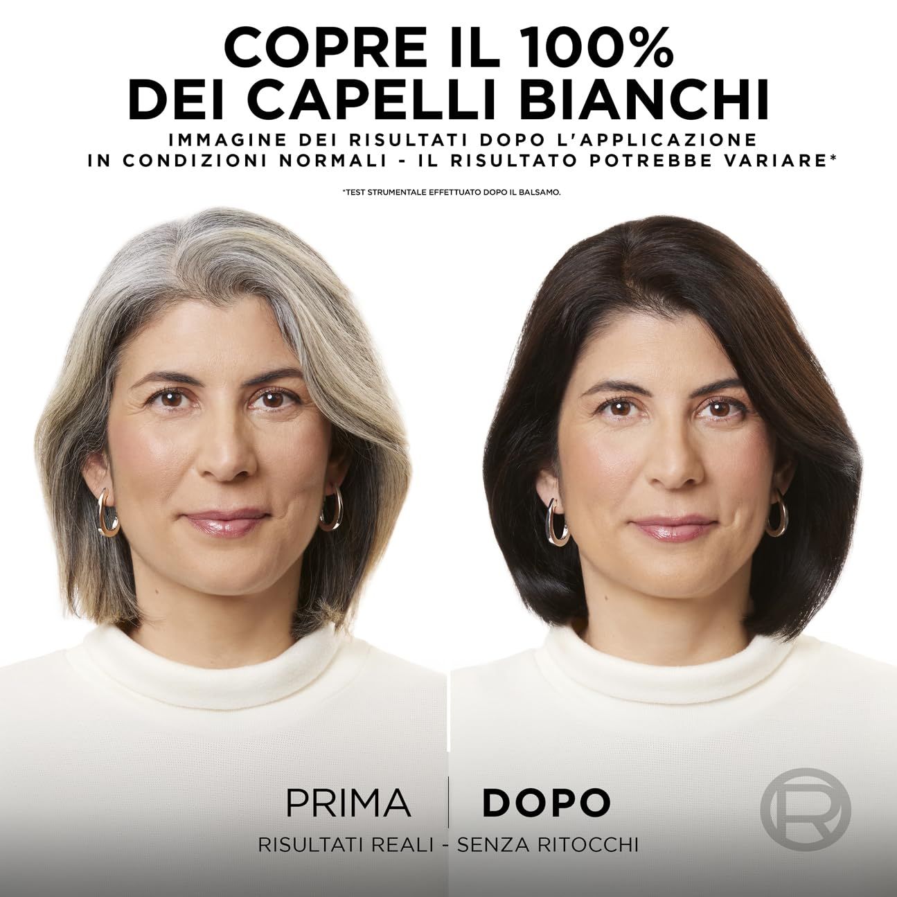Confronto prima-dopo. Donna con capelli grigi prima e dopo la colorazione. Copertura 100% dei capelli bianchi.