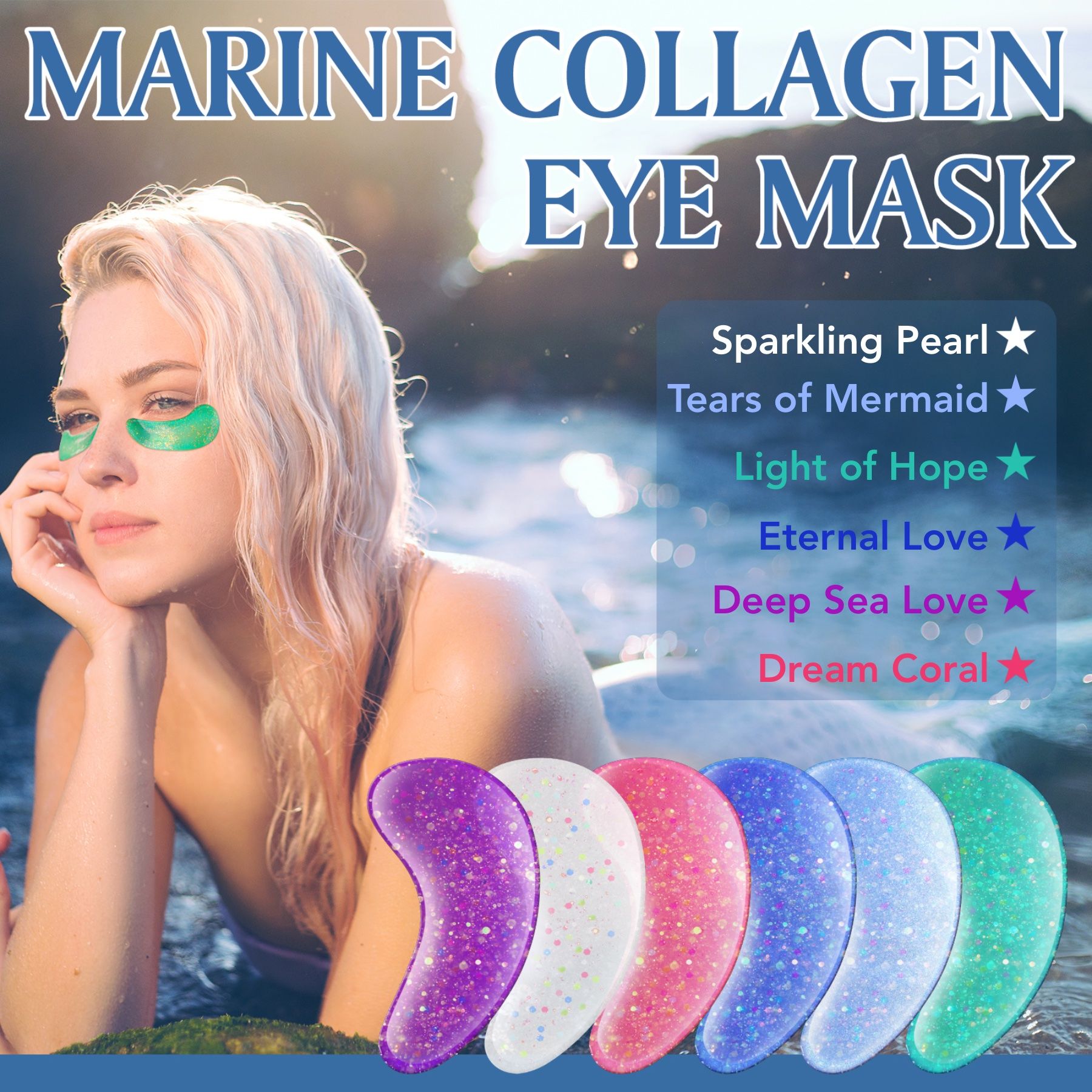Donna con patch per occhi in mare. Diversi colori dei patch visibili. Testo: Marine Collagen Eye Mask.