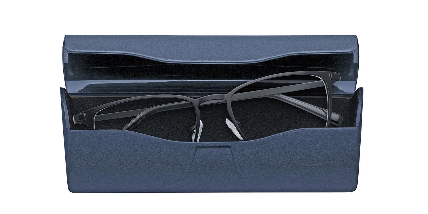 Astuccio blu in plastica, aperto. Occhiali con montatura in metallo all'interno.