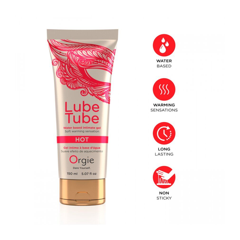 Tubo Lube Tube Hot. Gel intimo a base d'acqua con effetto riscaldante. Marchio Orgie. Icone aggiuntive.