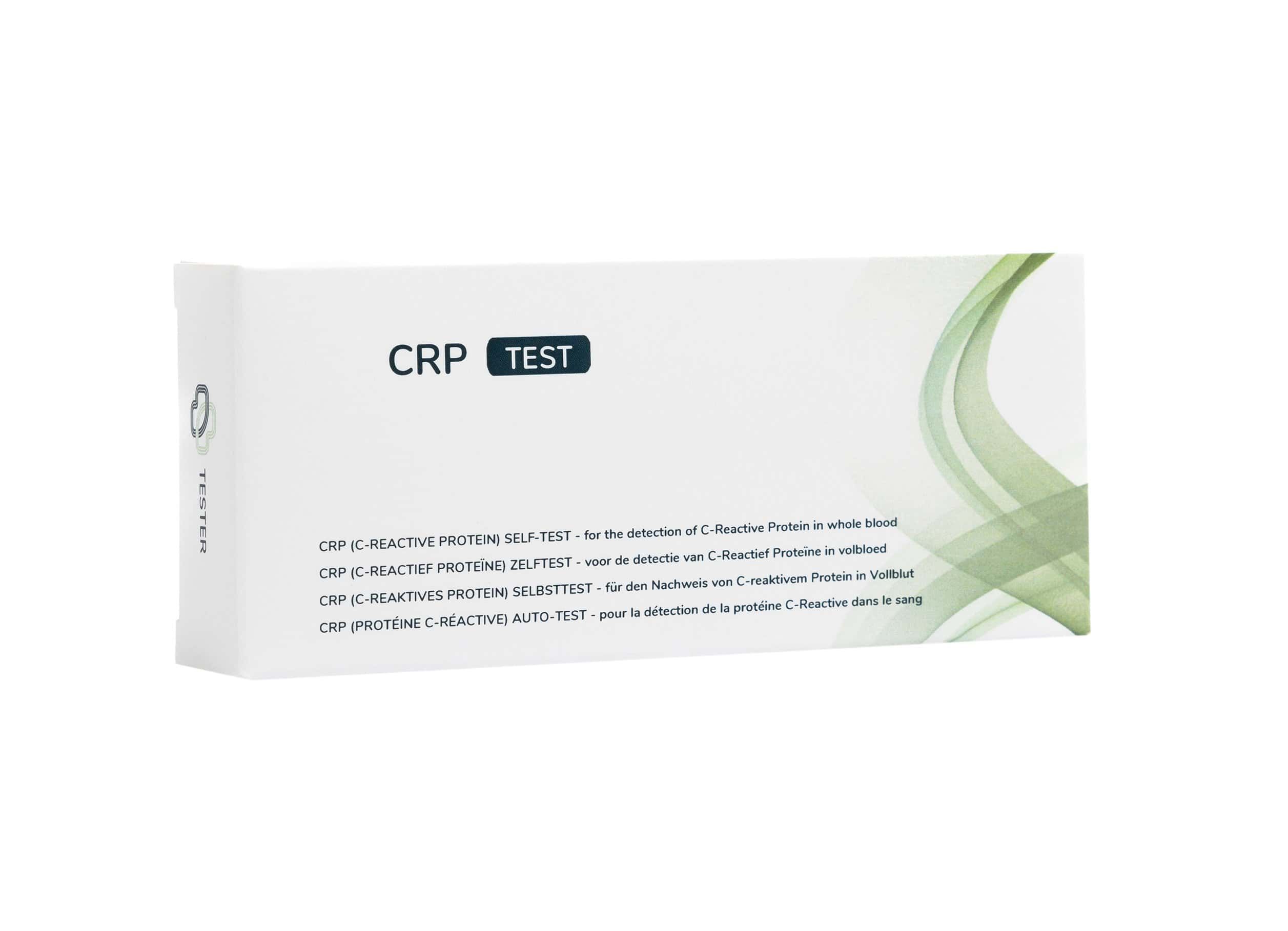 Confezione del test rapido CRP con informazioni sul prodotto in più lingue.