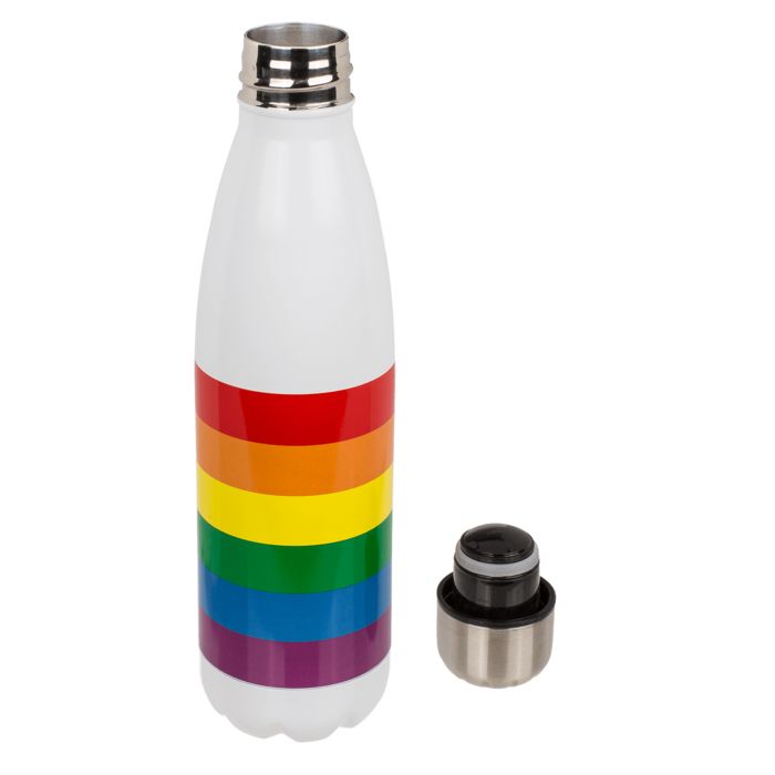 Borraccia in metallo bianca con strisce arcobaleno. Tappo accanto. Tappo argentato.