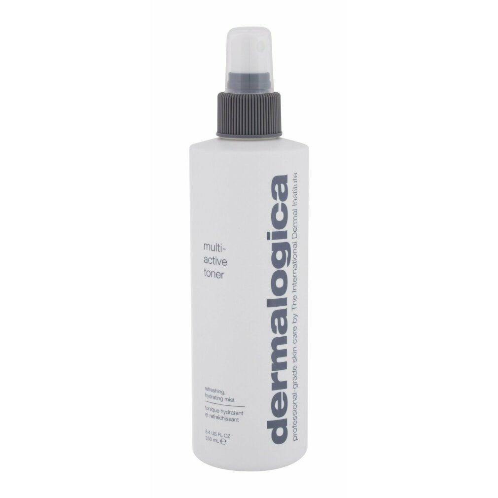 Flacone bianco con vaporizzatore. Scritta: multi-active toner e Dermalogica. 8.4 fl.oz/250 ml.