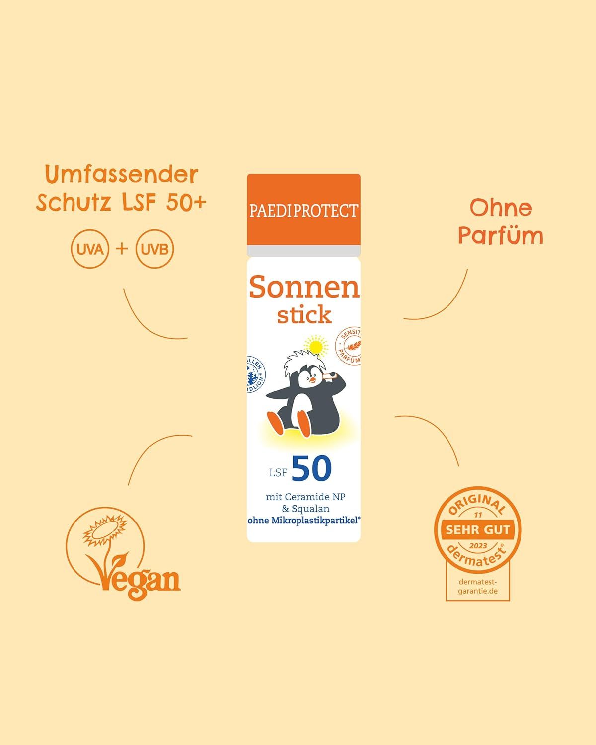 Stick solare con illustrazione pinguino. LSF 50. Sigillo vegano. Sigillo Dermatest. Testo: Senza profumo. Nome prodotto e SPF visibili.