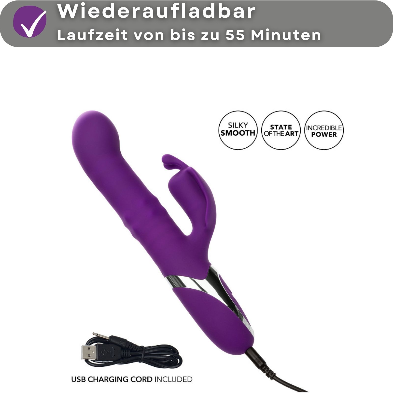 Vibratore viola con cavo di ricarica USB. Il testo descrive la ricarica e la durata. Tre simboli: liscio, moderno, potente.