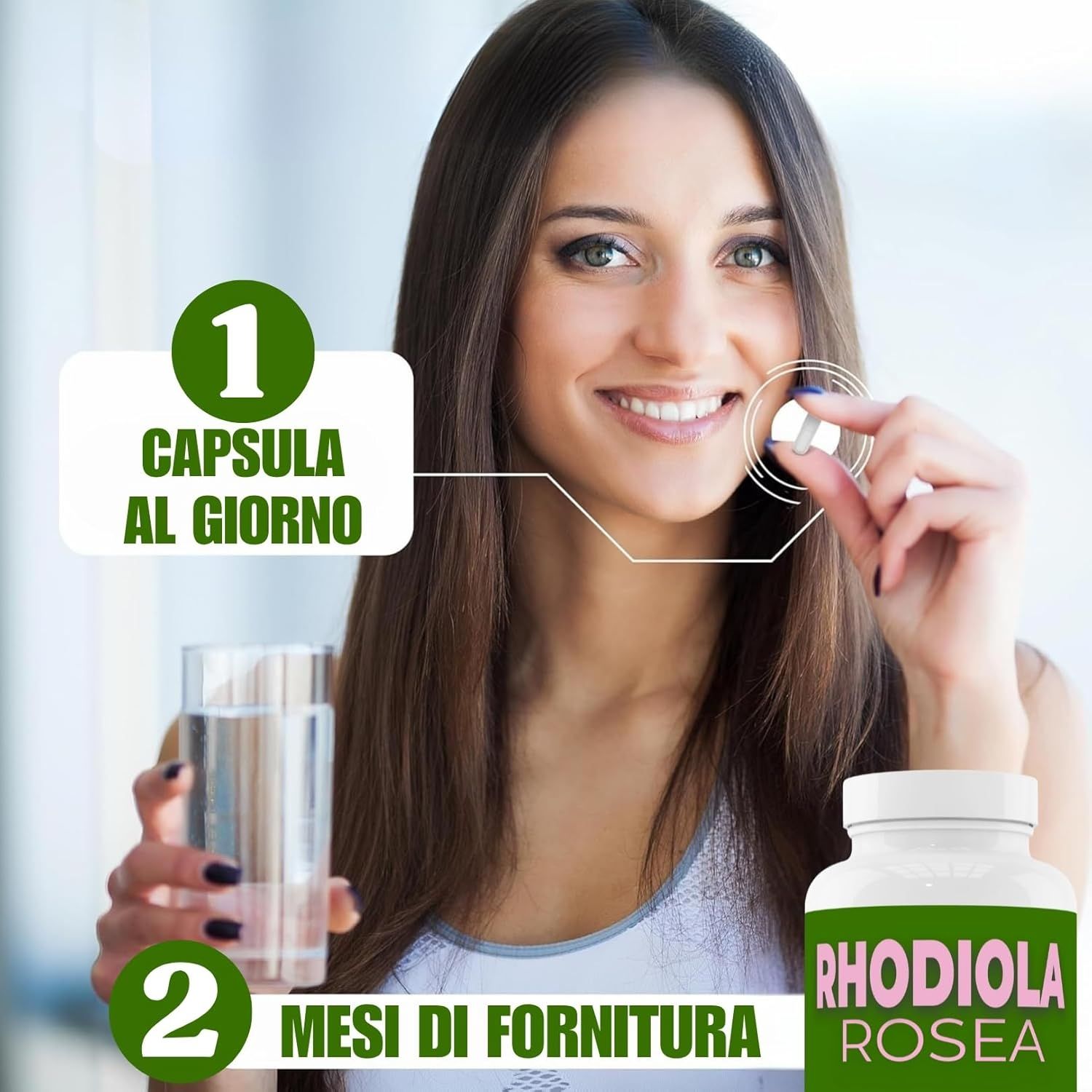 Donna tiene capsula. Bicchiere d'acqua e flacone. Testo: RHODIOLA ROSEA. Testo: 1 capsula al giorno, 2 mesi di fornitura.
