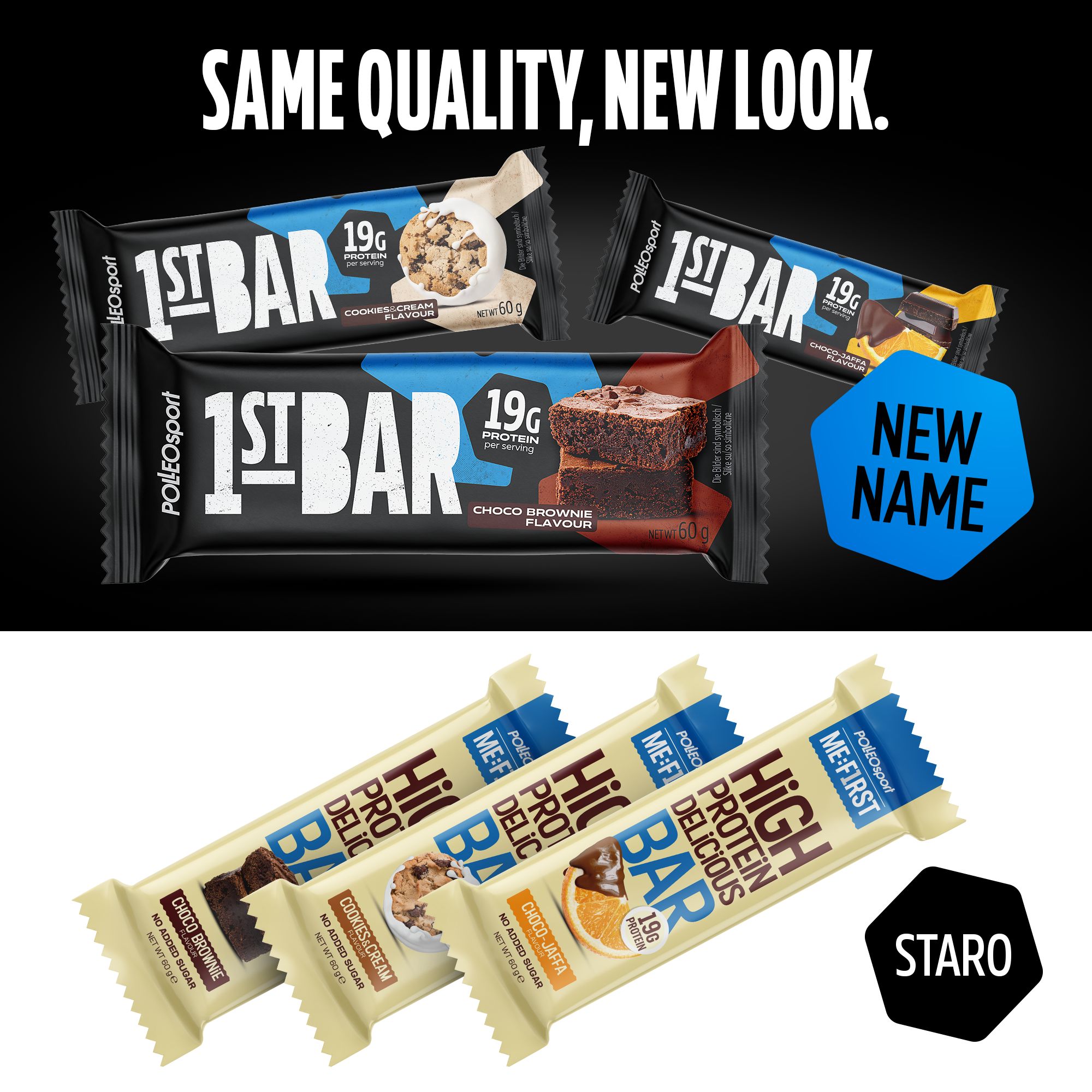 Diverse confezioni di barrette proteiche. '1ST BAR' e 'ME:FIRST HIGH PROTEIN BAR'. Diversi gusti. 19g proteine. Marchio: PolleoSport.