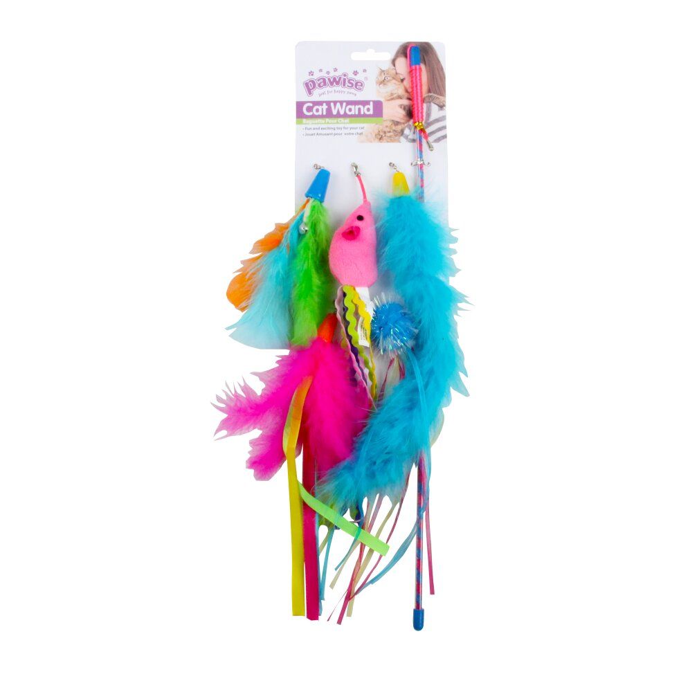Set di bacchette per gatti con piume e nastri. Giocattoli multicolore, confezionati su cartoncino. Logo Pawise.