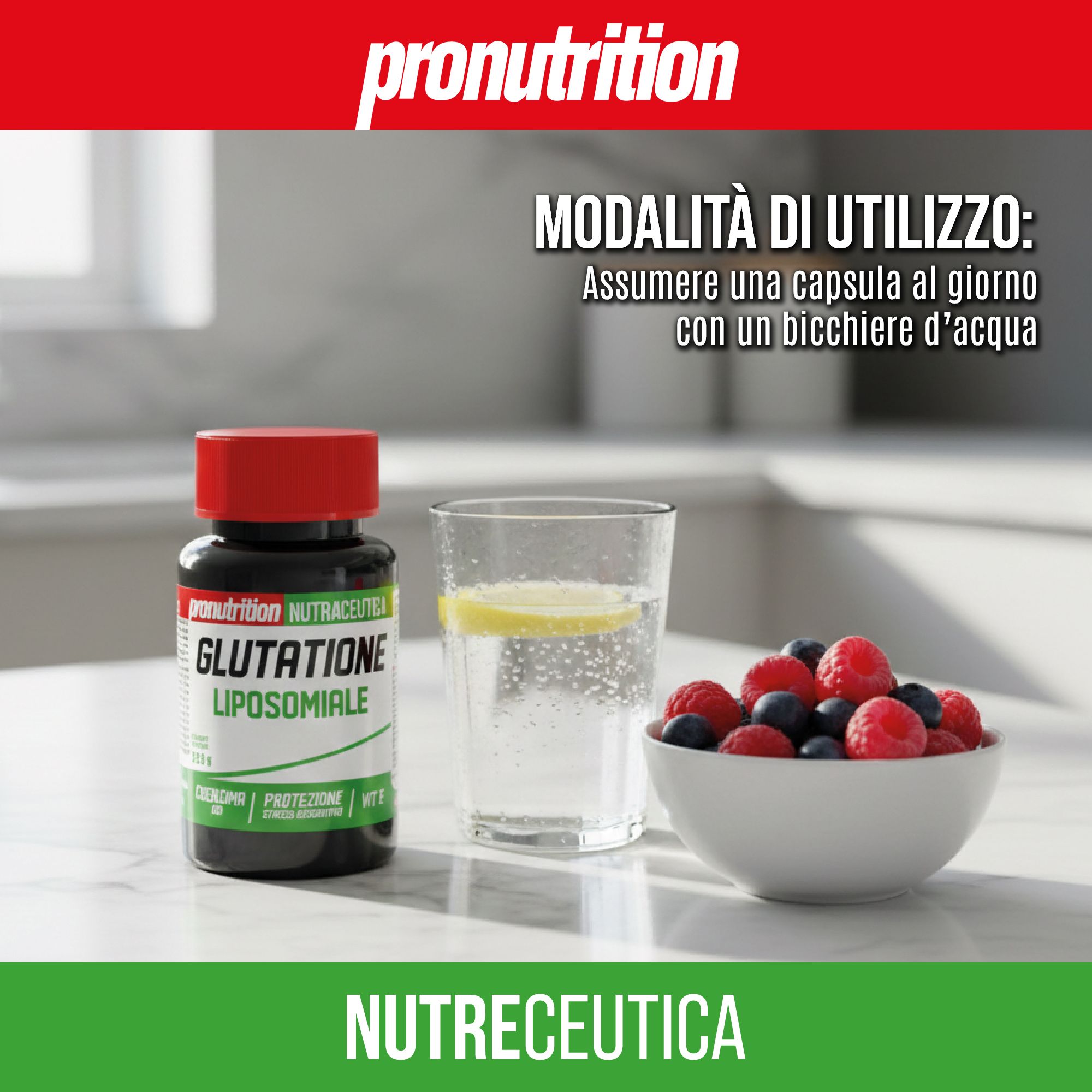 Flacone marrone con tappo rosso. Accanto a un bicchiere d'acqua e una ciotola di frutti di bosco. Testo: Nutraceutica.