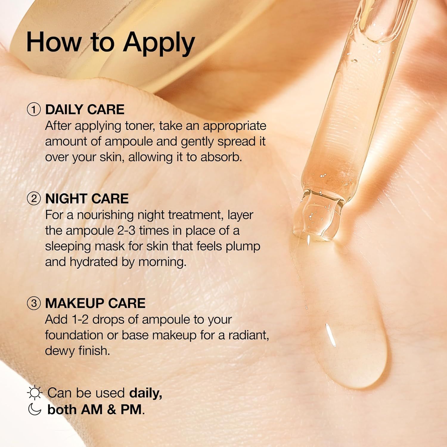 Istruzioni per l'uso. 1. Cura quotidiana. 2. Cura notturna. 3. Cura del trucco. Gocce sulla mano. Testo: Daily Care, Night Care, Makeup Care.