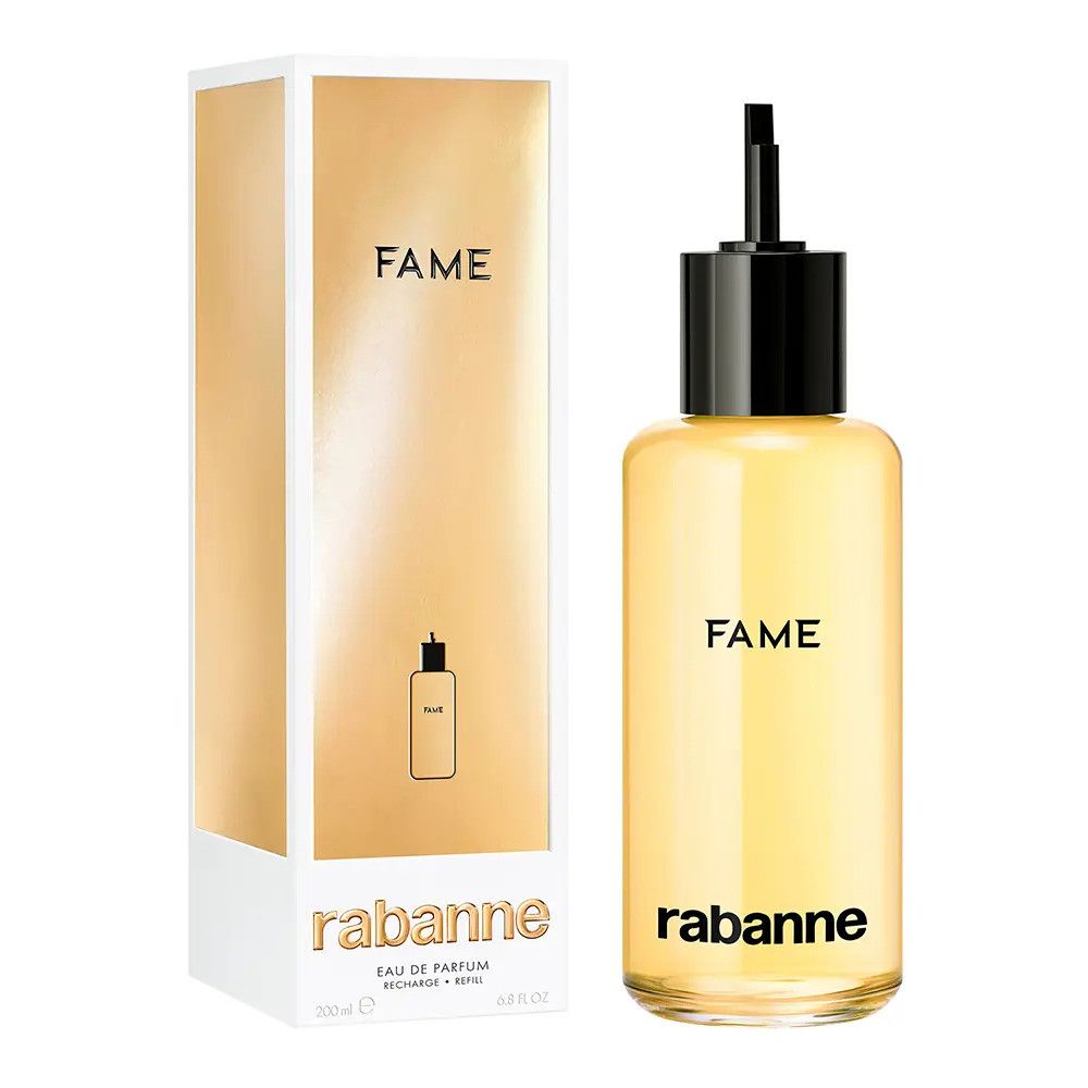 Flacone di vetro giallo con tappo nero e confezione. Scritta "FAME" e "rabanne".