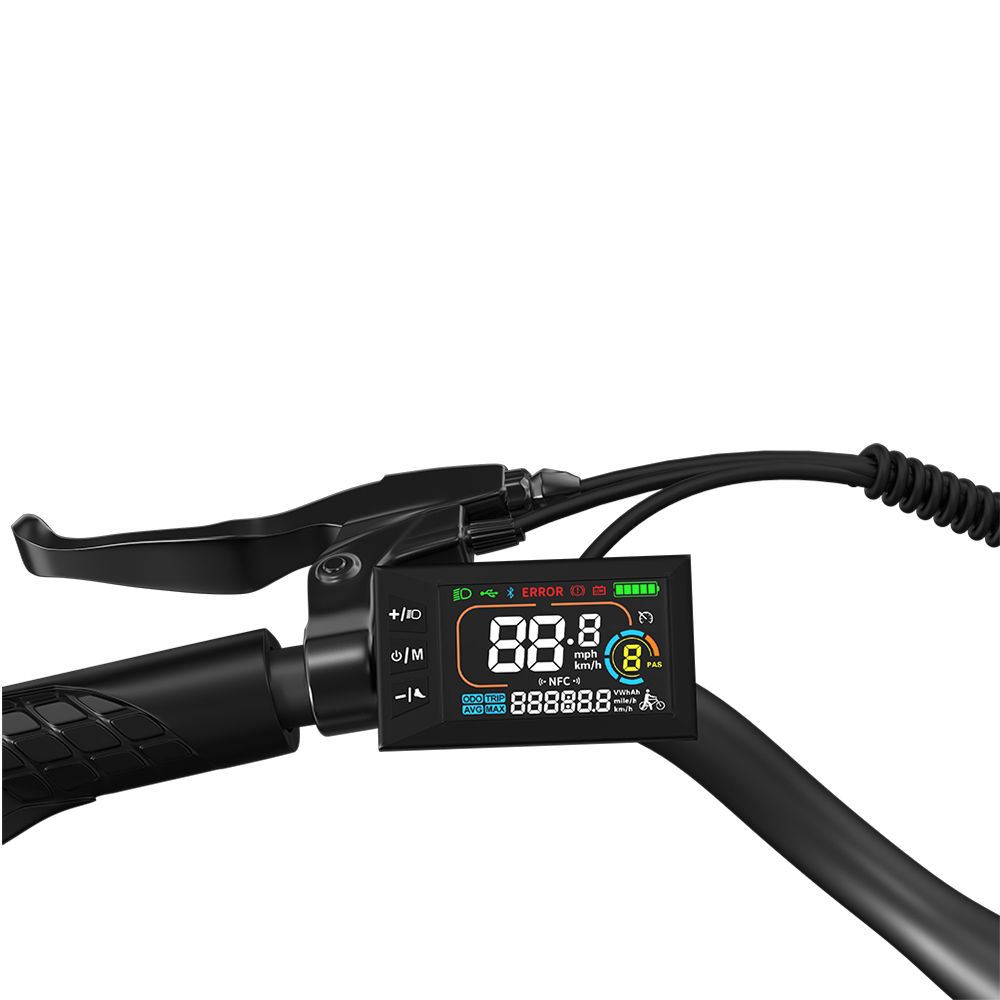 Manubrio con display. Visualizzazione di velocità, stato della batteria e altre informazioni. Manubrio nero.